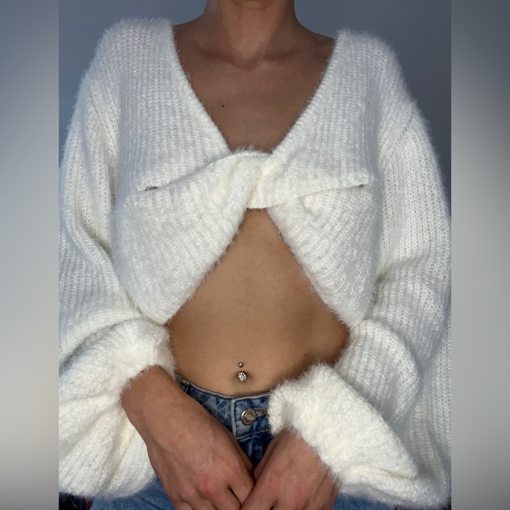 White fluffy crop sweater